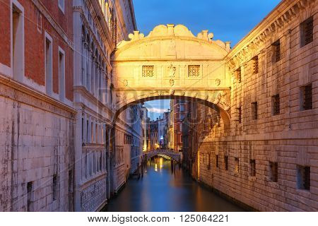 Bridge of Sighs or Ponte dei Sospiri at night, Venice, Italy