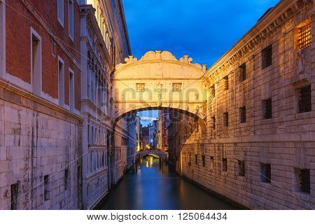 Bridge of Sighs or Ponte dei Sospiri at night, Venice, Italy