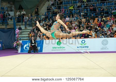MOSCOW, RUSSIA - FEBRUARY 19, 2016: Vladinova Neviana, Bulgaria on Rhythmic gymnastics Alina Cup Grand Prix Moscow - 2016 in Moscow sport palace Luzhniki, Russia