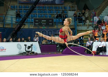 MOSCOW RUSSIA - FEBRUARY 19 2016: Olsson Josefine Sweden on Rhythmic gymnastics Alina Cup Grand Prix Moscow - 2016 in Moscow sport palace Luzhniki Russia