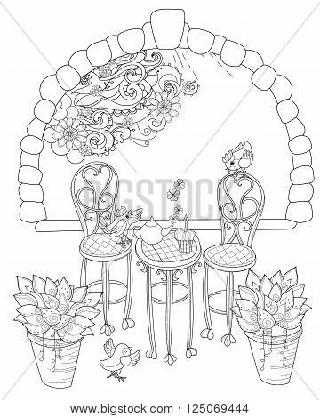 Vector cute birthday tea time.Vector line illustration.Sketch for coloring adult book.Boho style hand drawn doodle.Terassa chairs table teapot pie plants in pots birds tea timestone arch.