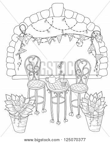 Vector cute birthday tea time.Vector line illustration.Sketch for coloring adult book.Boho style hand drawn doodle.Terassa chairs table teapot pie plants in pots birds tea timestone arch.