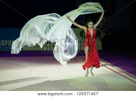 MOSCOW, RUSSIA - FEBRUARY 21, 2016: Margarita Mamun, Russia at the gala concert Grand Prix Moscow - 2016 in Moscow sport palace Luzhniki, Russia