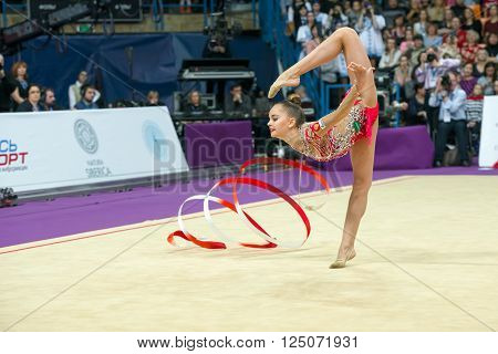 MOSCOW RUSSIA - FEBRUARY 21 2016: Averina Arina Russia on Rhythmic gymnastics Alina Cup Grand Prix Moscow - 2016 in Moscow sport palace Luzhniki Russia