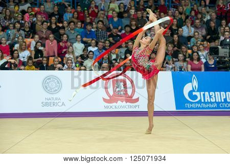 MOSCOW, RUSSIA - FEBRUARY 21, 2016: Averina Arina, Russia on Rhythmic gymnastics Alina Cup Grand Prix Moscow - 2016 in Moscow sport palace Luzhniki, Russia