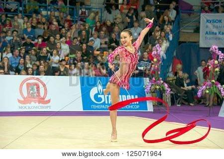 MOSCOW RUSSIA - FEBRUARY 21 2016: Son Yeon Jae Korea on Rhythmic gymnastics Alina Cup Grand Prix Moscow - 2016 in Moscow sport palace Luzhniki Russia