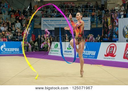 MOSCOW RUSSIA - FEBRUARY 21 2016: Halkina Katsiaryna Belarus on Rhythmic gymnastics Alina Cup Grand Prix Moscow - 2016 in Moscow sport palace Luzhniki Russia