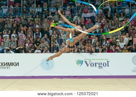 MOSCOW RUSSIA - FEBRUARY 21 2016: Soldatova Aleksandra Russia on Rhythmic gymnastics Alina Cup Grand Prix Moscow - 2016 in Moscow sport palace Luzhniki Russia
