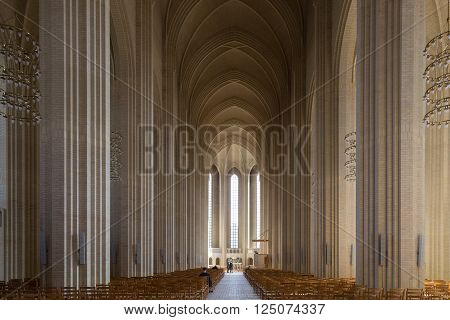 Copenhagen, Denmark - April 09, 2016: Photograph of the Interior of Grundtvigs Church.