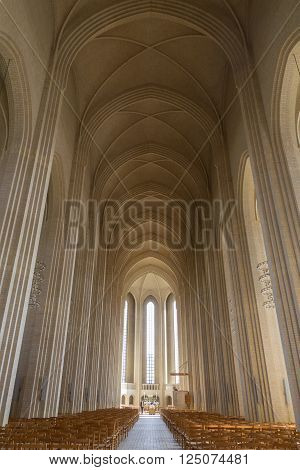 Copenhagen, Denmark - April 09, 2016: Photograph of the Interior of Grundtvigs Church.