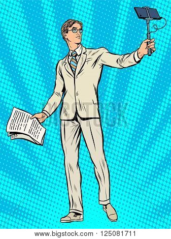 Narcissism businessman Apollo Narcissus makes a selfie pop art retro style