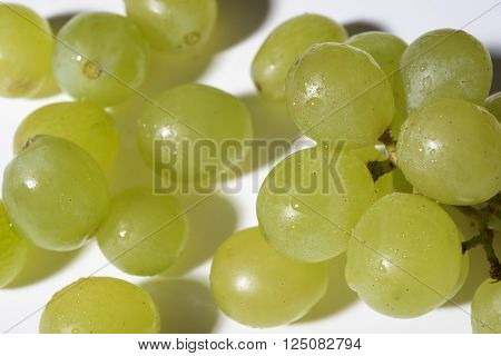 close up of tasty whine grapes on white background