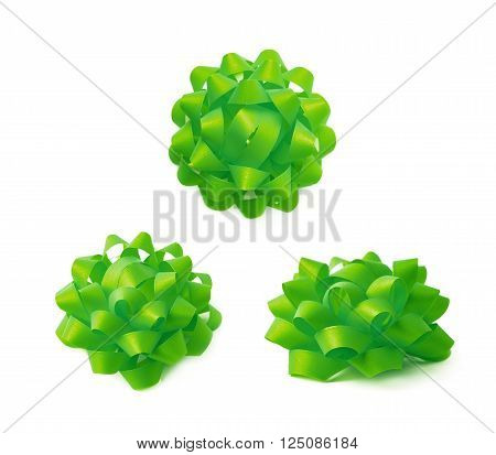 Decorational green ribbon gift bow isolated over the white background, set collection of three diffirent foreshortenings