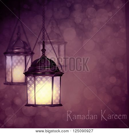 Intricate Arabic lamps with lights for Ramadan Kareem and other events on a bokeh background