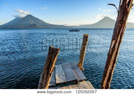 Evening light on three volcanoes Atitlan Toliman & San Pedro at Lake Atitlan Guatemala.