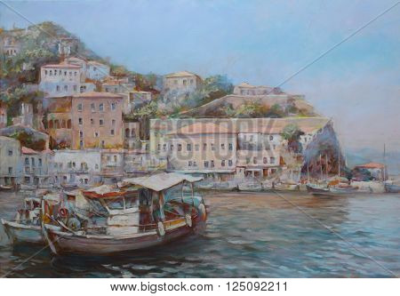 Hydra island, handmade oil painting on canvas
