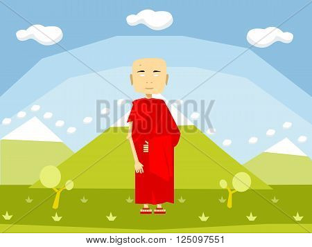 Calm buddhist monk in red on the nature