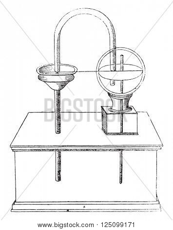 Apparatus for determining air ascent of water, vintage engraved illustration. Magasin Pittoresque 1847.