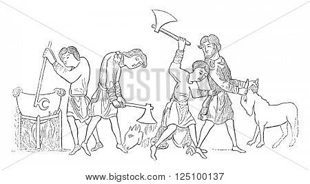 Saxons preparing a meal, vintage engraved illustration. Colorful History of England, 1837.