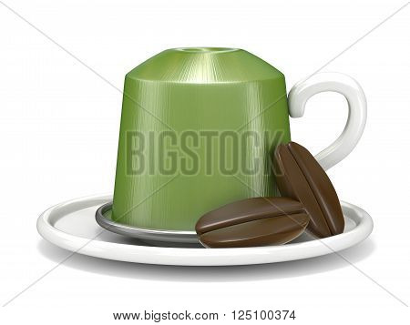 Green coffee capsule with two coffee beans. 3D render isolated on white background