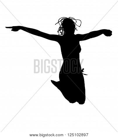 Happy sporty woman silhouette jumping in the air, black backlight isolated on white background.