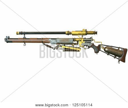 Steampunk rifle parts concept 3D illustration on white background isolated