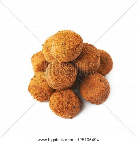 Pile of cheese snack balls coated with the breadcrumbs, composition isolated over the white background
