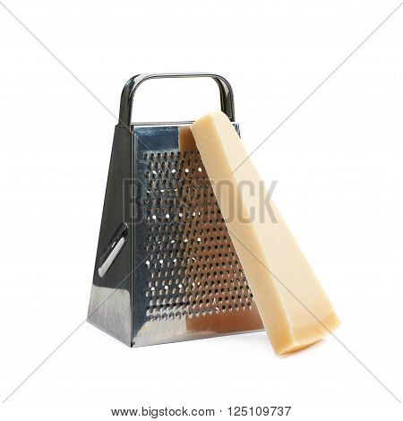 Grater and Parmigiano-Reggiano parmesan cheese composition isolated over the white background