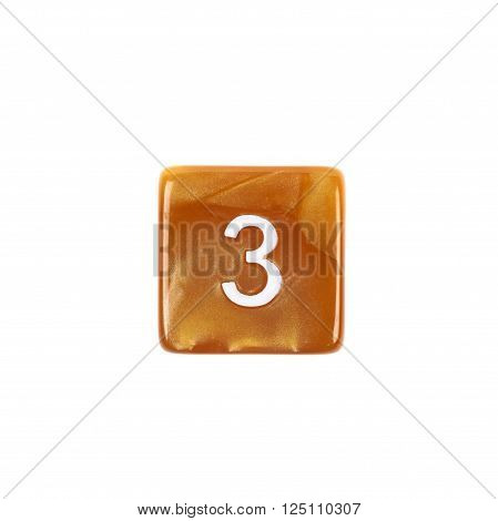 Roleplaying orange polyhedral gaming plastic dice cube isolated over the white background