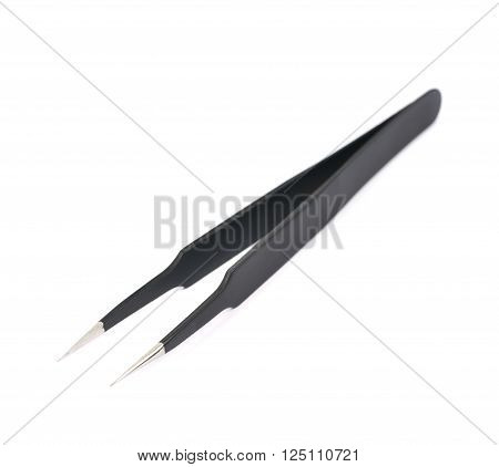 Black metal anti-static tweezers tool isolated over the white background