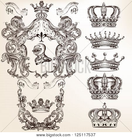 Collection of filigree high detailed shields and crowns for design