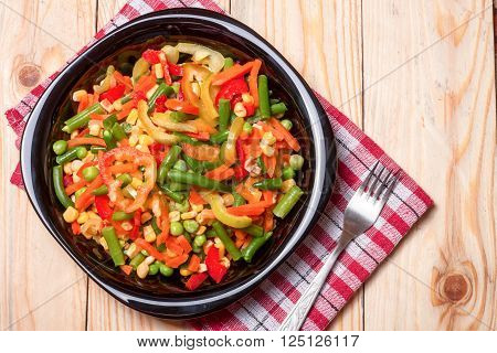 Mexican Mix of Vegetables. Tomatoes, Beans, Celery Root, Green Beans, Peas, Corn. Dietary Food.