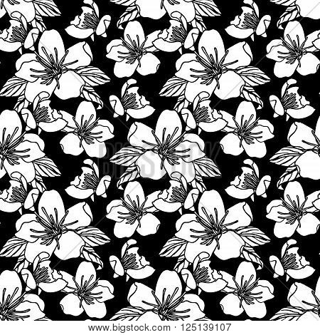 Monochrome Seamless pattern with flowers on black background. Stock Vector illustration