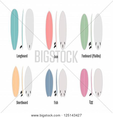 Set of surfboard types, colorfull shapes in scale. Different shapes isolated Infographics