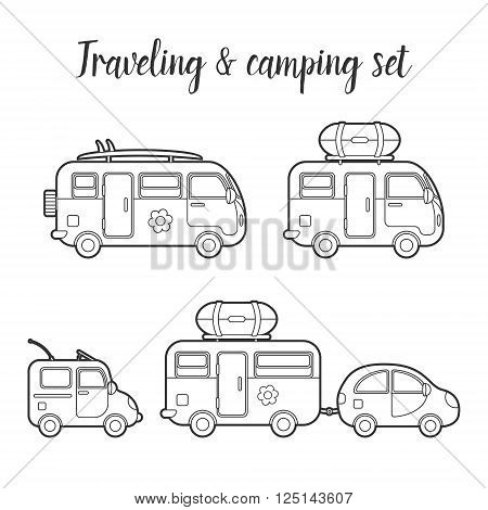 Vector transport caravan and trailer isolated icon set. Mobile home types vector illustration. Traveler truck vector icon. Family traveler truck summer trip concept. Logo or emblem concept