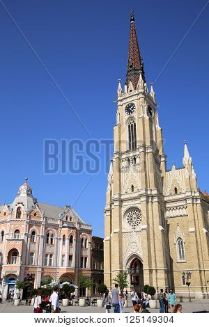 NOVI SAD, SERBIA - APRIL 03: View on Catholic Cathedral from Liberty Square in Novi Sad,which in this city keeps the summer music festival EXIT. Photographed the in Novi Sad, Serbia on April 03, 2016.