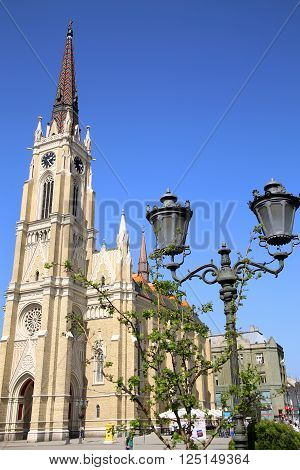 NOVI SAD, SERBIA - APRIL 03: View on Catholic Cathedral from Liberty Square in Novi Sad,which in this city keeps the summer music festival EXIT. Photographed the in Novi Sad, Serbia on April 03, 2016.