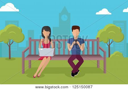 Internet addiction disorder technology. People man and woman game smartphone in park, web addict, internet dependence, technology mobile addiction, social web addiction vector illustration