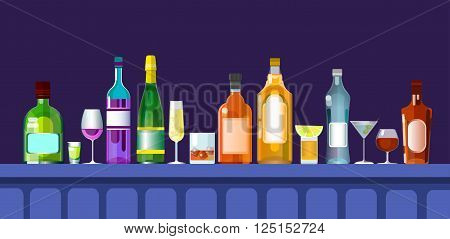 Bar Counter With Alcohol Drink Glasses, Bottle Set Collection Flat Vector Illustration