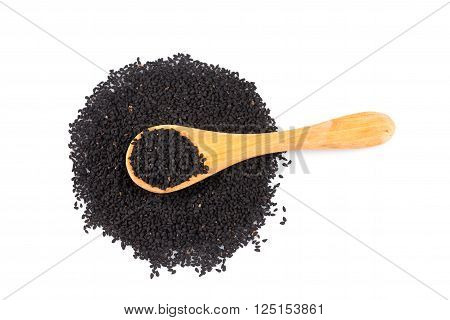 Heap Of Black Sesame On Wooden Spoon