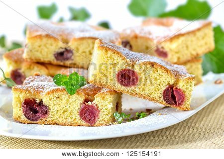 Delicious cuts of cherry cake with icing sugar and mint leaves served on a white plate