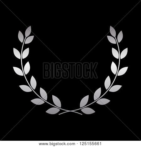 Silver laurel wreath icon. Symbol award trophy victory winner prize. Branch olive sign. Design element for decoration medal coat of arms logo. Leaf silhouette black background Vector illustration