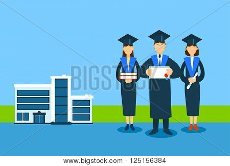 Student Group Graduation Gown Hold Book Paper Diploma Sertificate, University Buiding Background Flat Vector Illustration