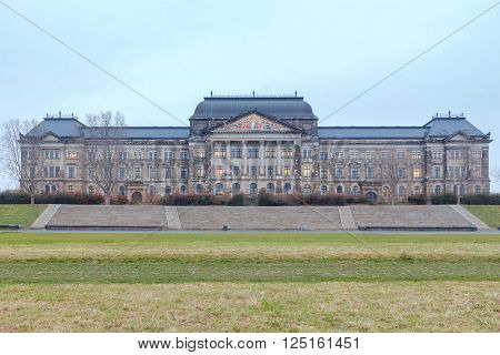 The building of the Ministry of Finance of Saxony on the banks of the Elbe in Dresden on the Sunset.