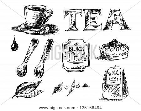 Tea Icons Set . Hand drawn black and white vector stock illustration