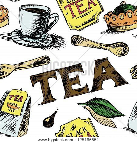 Black tea patter. Colorful hand drawn seamless background. Vector stock illustration