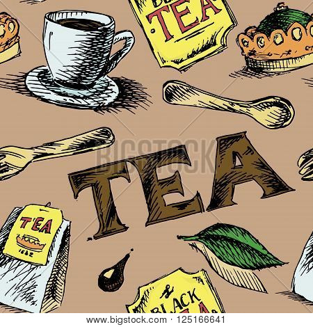 Black tea patter. Colorful hand drawn seamless background. Vector stock illustration