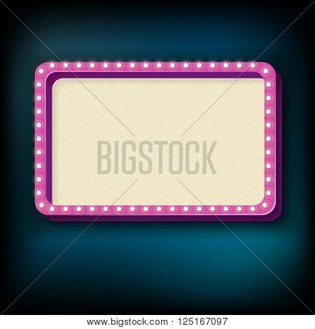 Rose retro rectangular volume with light bulbs. Realistic 3c frame with bright lights and blank space for text. Blue light from the lamp falls on a black background. illustration