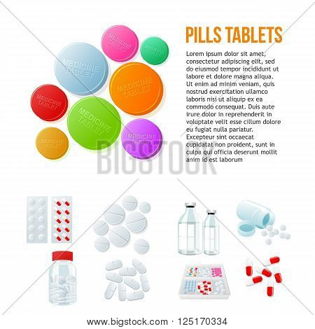 Large round pills, different pills and white and color on a white background, vector illustration with set of drugs., colorful products. Bottles and boxes with colored vitamins. Things to human health