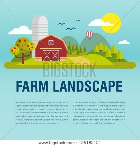 Farm flat Landskape with text. Natural background, organic farm products. Tree and farm house elements.